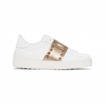 Valentino Garavani White & Bronze Rockstud Open Sneakers