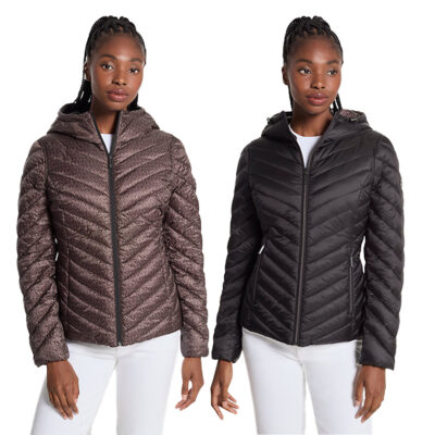 MICHAEL KORS Chevron Logo Print Quilted Nylon Reversible Jacket