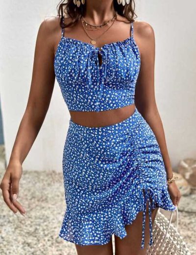 SHEIN Frenchy Floral Tie Front Crop Top With Strapless & Drawstring Ruffle Skirts (code 196)