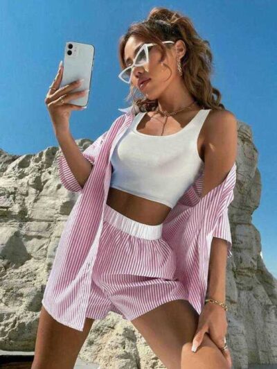 SHEIN EZwear Three-Piece Set Of Striped Shirt, Shorts And Vest For Holiday And Free Time (code 197)